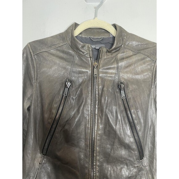 Vince Jacket Womens Medium Brown Leather Moto Zip Pockets Buckle Accent - Picture 2 of 7